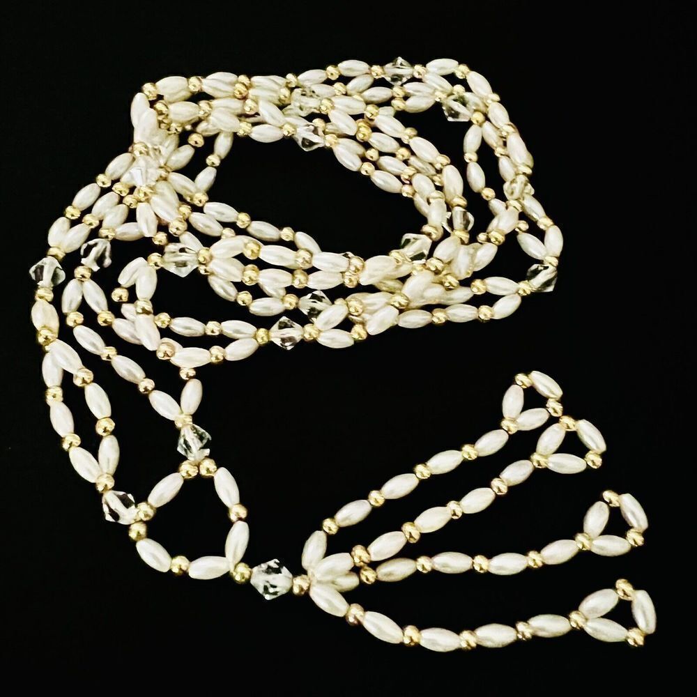 Vintage Multi Faux Seed Pearls Gold Beads Tassel Beaded Necklace 1086